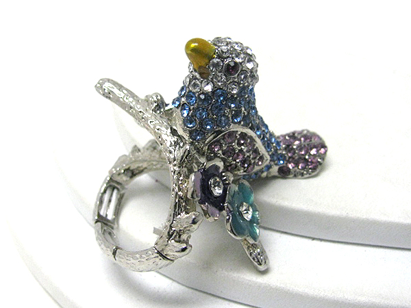 Multi crystal stud sparrow on branch stretch ring