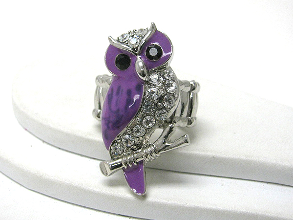 Crystal and epoxy deco owl on brach stretch ring