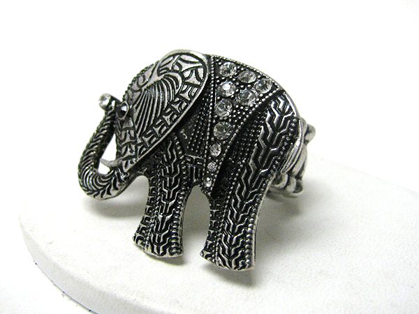 Crystal deco metal filigree elephant stretch ring