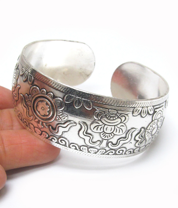 Vintage tibetan silver lotus flower cuff bracelet