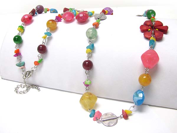 Natural chip stone and mixed glass beads link long necklace earring set