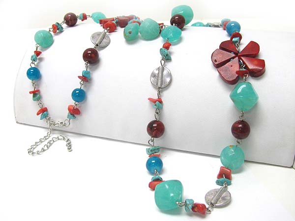 Natural chip stone and mixed glass beads link long necklace earring set