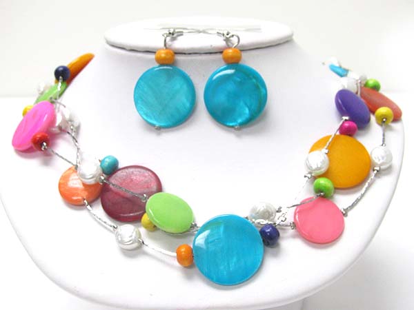 Multi row sea shell disk link necklace earring set