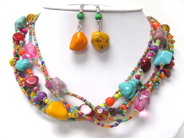 Multi strand natural stone and mixed beads necklace earring set