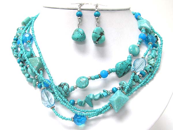 Multi strand natural stone and mixed beads necklace earring set