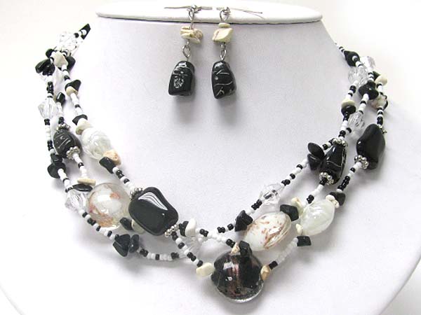 Multi strand murano glass and mixed beads and stone necklace earring set