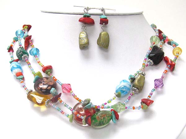 Multi strand murano glass and mixed beads and stone necklace earring set