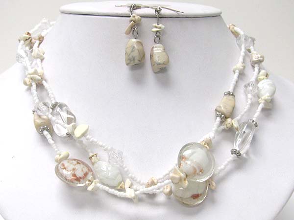 Multi strand murano glass and mixed beads and stone necklace earring set