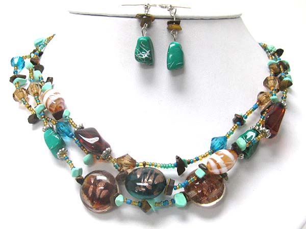 Multi strand murano glass and mixed beads and stone necklace earring set