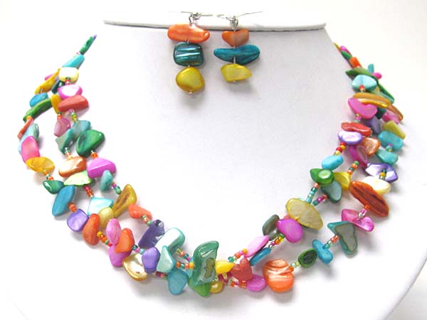 Multi strand sea shell and seed beads necklace earring set