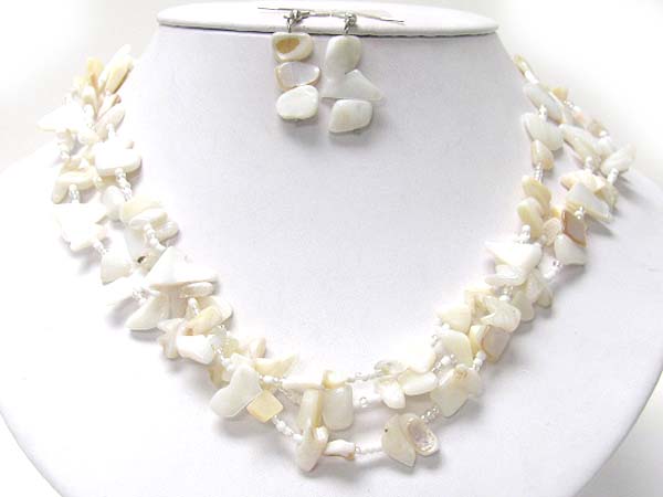 Multi strand sea shell and seed beads necklace earring set