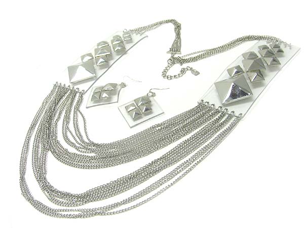 Acryl stud clear acryl and multi layer chain hanging long necklace earring set