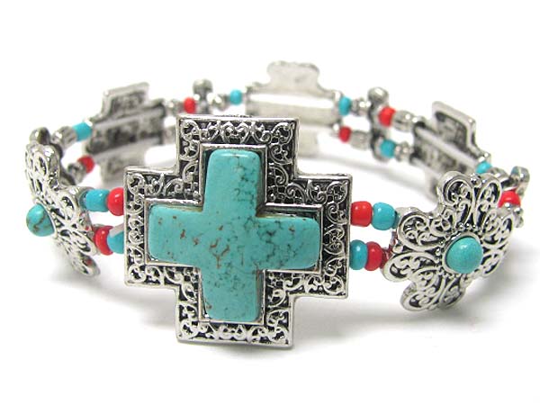 Turquoise and metal filigree cross stretch bracelet