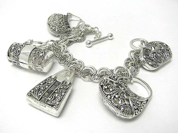 Marcasite look metal bags charm dangle toggle bracelet