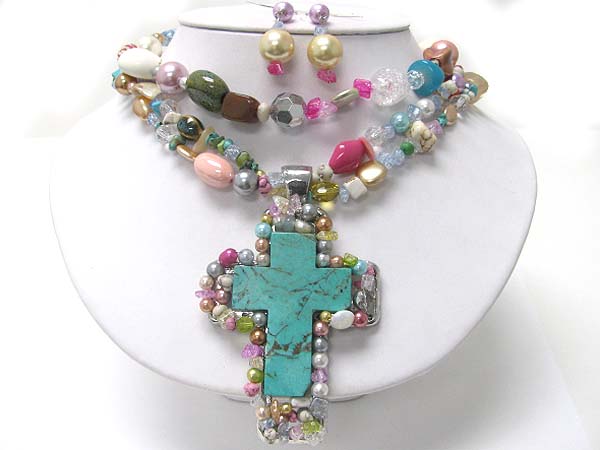 Turquoise and multi natural stone deco chunky cross pendant and multi strand necklace earring set