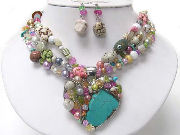 Turquoise and multi natural stone deco chunky heart pendant and multi strand necklace earring set