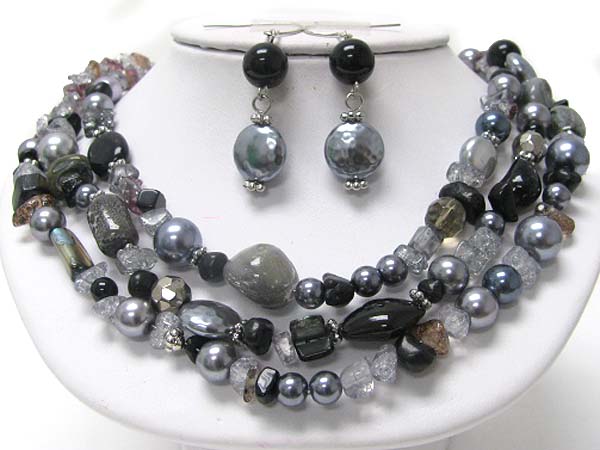 Triple strand natural stone and multi beads link necklace set