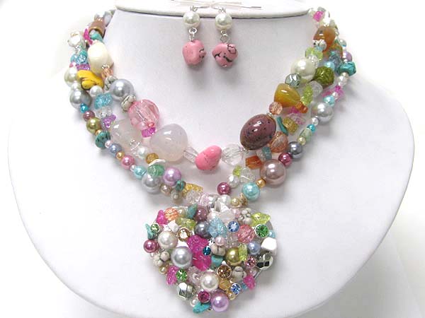 Multi natural stone and pearl deco chunky heart pendant and multi strand necklace earring set