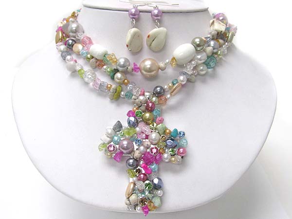 Multi natural stone and pearl deco chunky cross pendant and multi strand necklace earring set