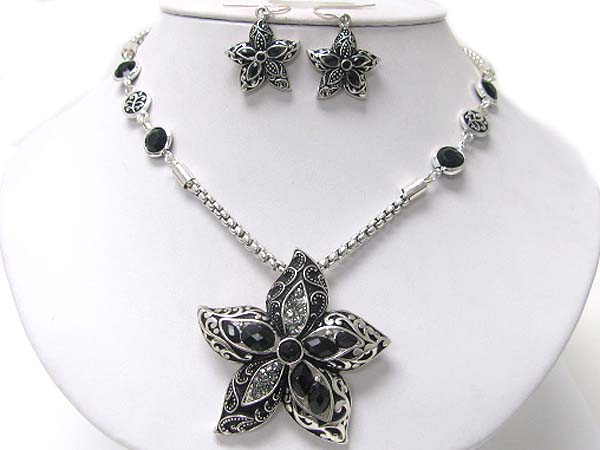 Beads and crystal deco metal flower pendant necklace earring set