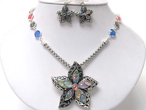 Beads and crystal deco metal flower pendant necklace earring set