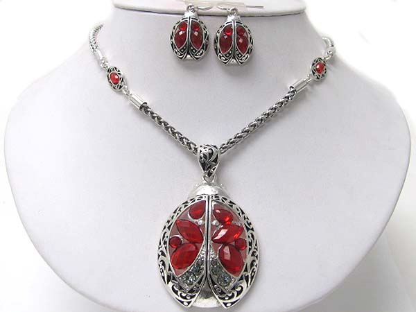 Beads and crystal deco metal ladybug pendant necklace earring set