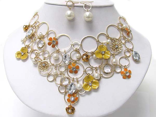 Enamel flower and pearl dangle metal hoop link necklace earring set - hoops