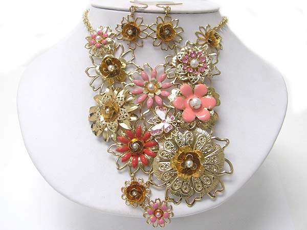 Crystal stud enamel flower bib style metal necklace earring set