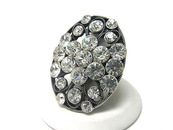 Crystal stud antique burnish metal oval stretch ring