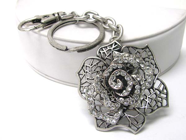 Crystal stud antique burnish metal flower key chain charm 