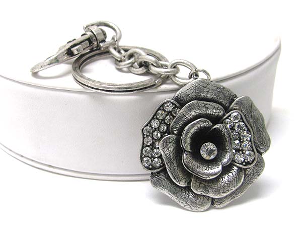 Crystal stud antique burnish metal flower key chain charm 