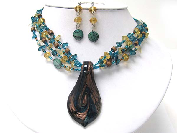 Murano glass art peandant multi strand chip stone necklace earring set