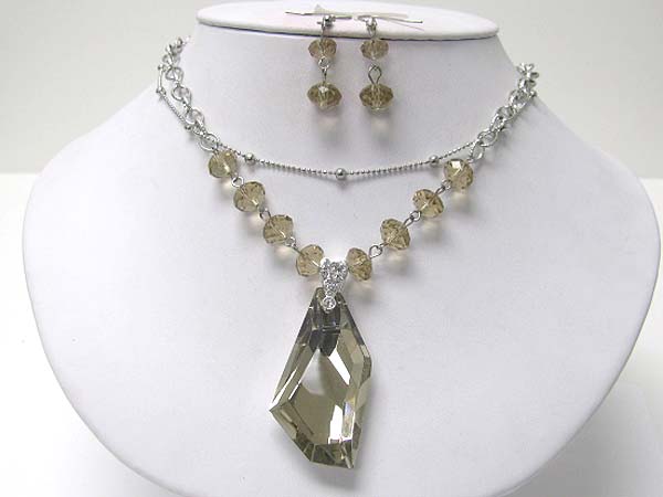 Facet big glass stone pendant necklace earring set