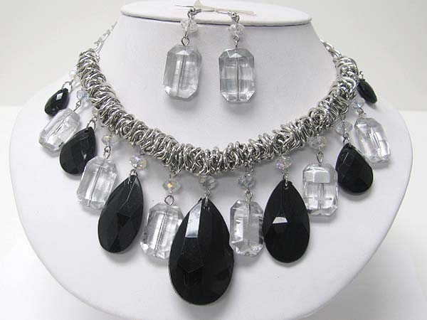 Facet big glass stone dangle necklace earring set