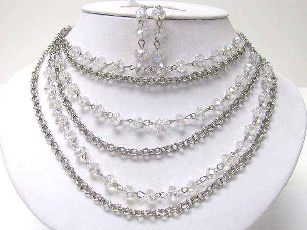 Multi row facet glass stone and metal chain necklace earring set