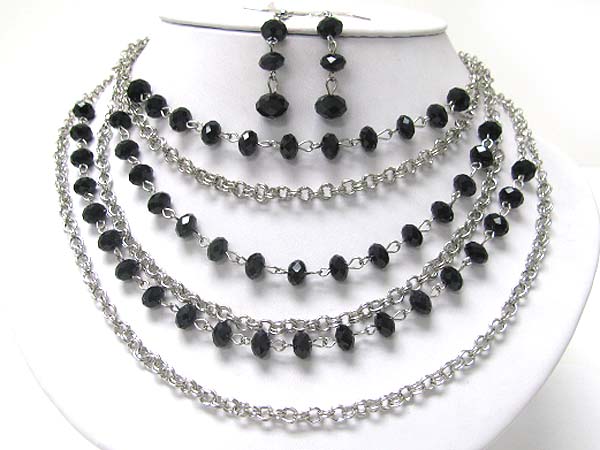 Multi row facet glass stone and metal chain necklace earring set