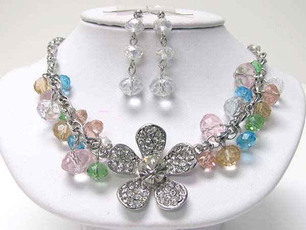 Crystal flower and  facet glass stone dangle necklace earring set