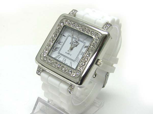 Crystal stud square face color rubber band fashion watch