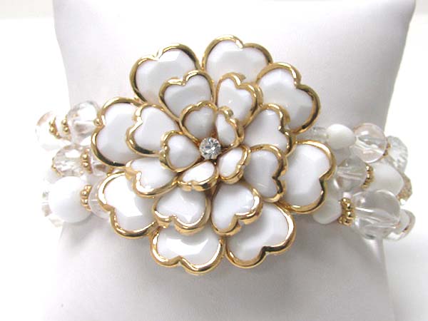 Acryl and crystal art deco flower top multi row beads stretch bracelet