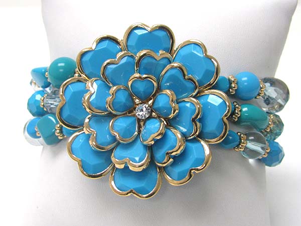 Acryl and crystal art deco flower top multi row beads stretch bracelet