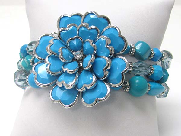 Acryl and crystal art deco flower top multi row beads stretch bracelet