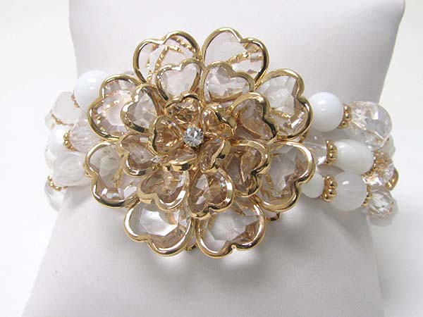 Acryl and crystal art deco flower top multi row beads stretch bracelet