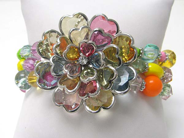 Acryl and crystal art deco flower top multi row beads stretch bracelet