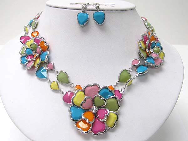 Acryl and crystal art deco flower link necklace earring set