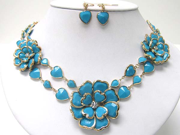 Acryl and crystal art deco flower link necklace earring set