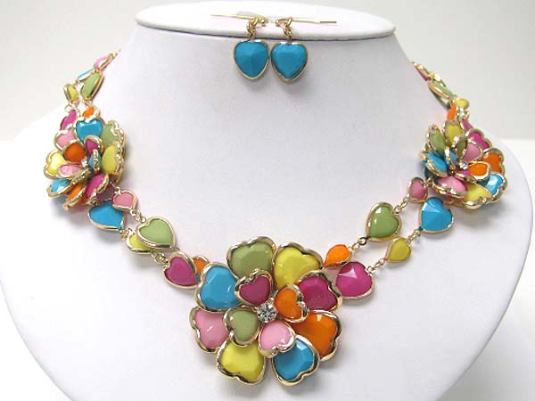 Acryl and crystal art deco flower link necklace earring set