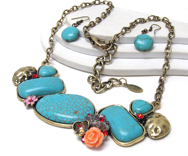 Turquoise and crystal glass multi size natural stone hammered metal ends chain  necklace earring set