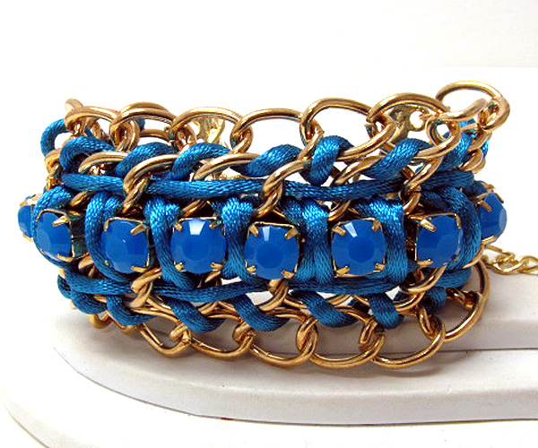 Metal fashion chain and crystal stone patern on braided colorful fashion cord chain bracelet