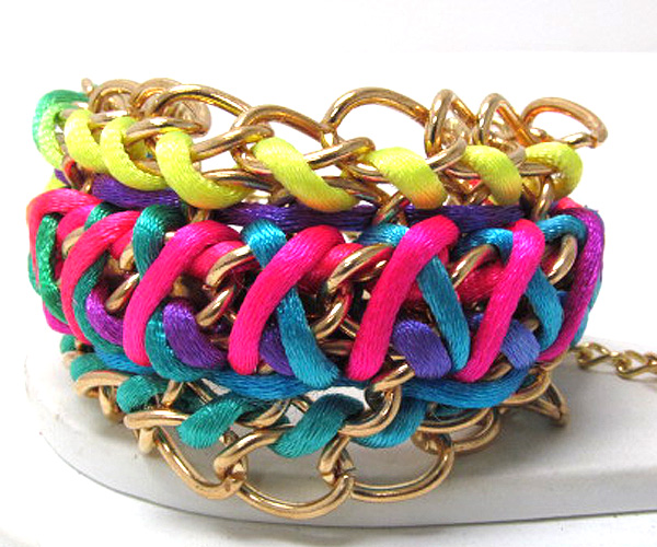 Metal fashion chain and crystal stone patern on braided colorful fashion cord chain bracelet