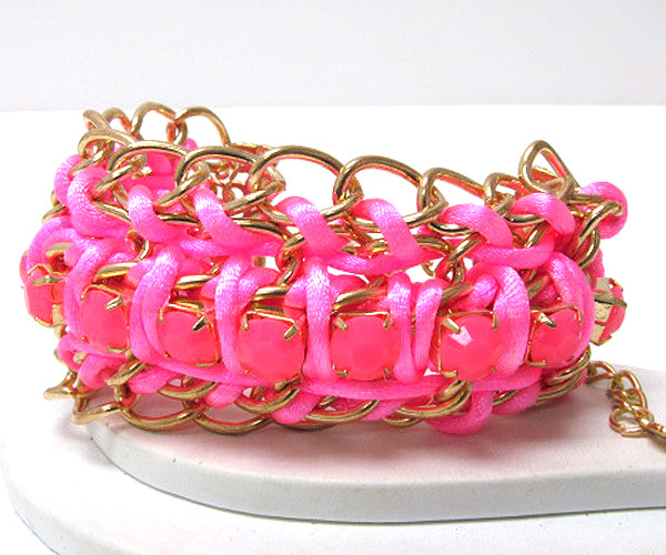 Metal fashion chain and crystal stone patern on braided colorful fashion cord chain bracelet